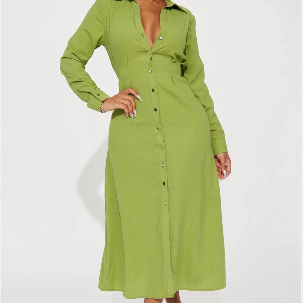 Fashion Nova Olive Green Long Sleeve Button-Front Midi Dress